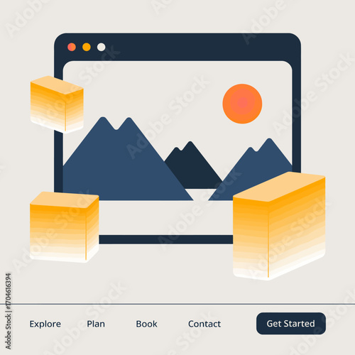 A vibrant depiction of an interactive travel site layout with striking mountain artwork, designed to enhance user engagement and provide a seamless planning experience.
