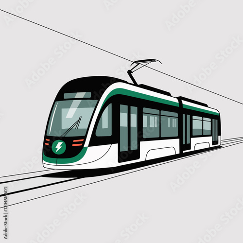 A modern electric tram depicted with a clean and simplistic background, emphasizing the vehicle's design and its role in contemporary urban transportation.