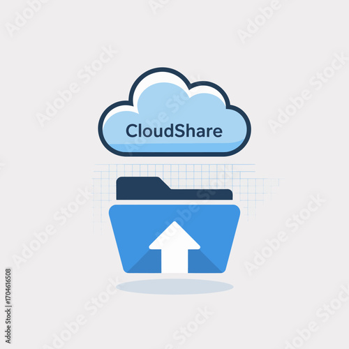 The CloudShare image showcases a stylized representation of a cloud with a folder and upload arrow, emphasizing sharing and collaborative digital experiences.