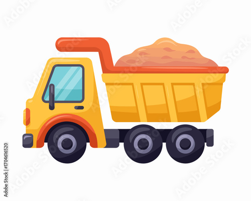 An engaging image of a cheerful yellow dump truck filled with reddish soil, symbolizing the essential function of transportation in construction and building industries.