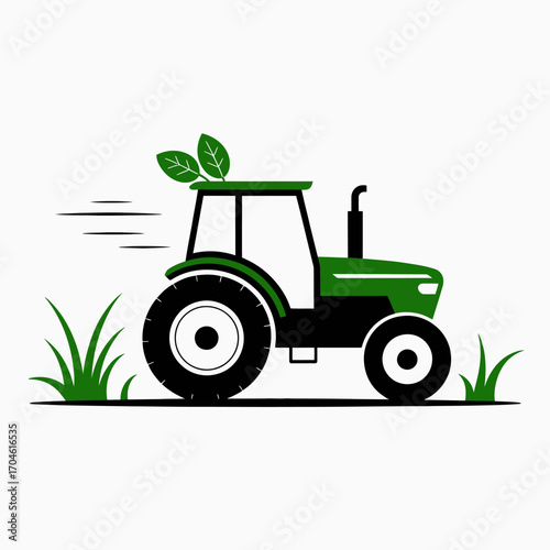 A stylized green tractor in motion surrounded by grass, highlighting the fusion of nature and technology for efficient farming and sustainability in agricultural practices.