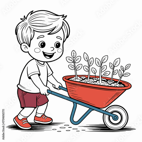 This adorable illustration depicts a young boy pushing a wheelbarrow filled with baby plants, showcasing the joy of gardening and the wonder of nature through playful imagery.