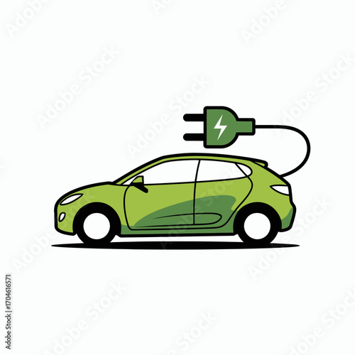 A vibrant green electric car plugged into a charging station emphasizes the growing trend of sustainable transport and the commitment to eco-friendly energy solutions.