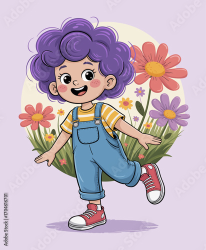 A joyful child with curly purple hair and a colorful outfit happily dances among blooming flowers, radiating positivity and childhood innocence in a playful atmosphere.