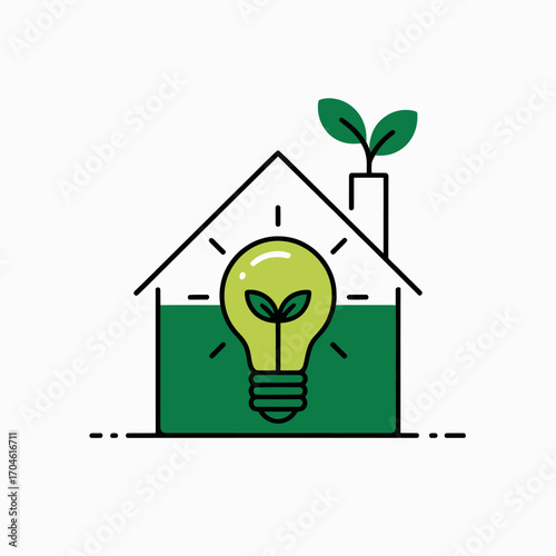 This illustration illustrates a green-themed home featuring a light bulb sprouting a plant, symbolizing energy efficiency, eco-friendliness, and sustainable living in modern homes.