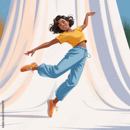 An energetic young woman in a yellow crop top and blue pants performs a joyful dance, embodying carefree spirit and fun against a backdrop that radiates vibrant energy.