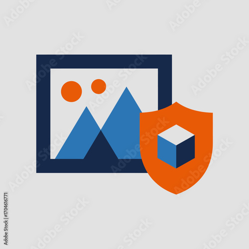 An artistic representation combining a digital shield and image frame, conveying the critical role of protection in the management of media assets and creativity.