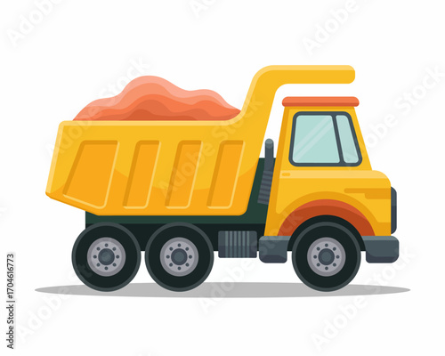 This colorful illustration features a yellow dump truck filled with earthy materials, highlighting its function in construction work and transporting essential resources for projects.