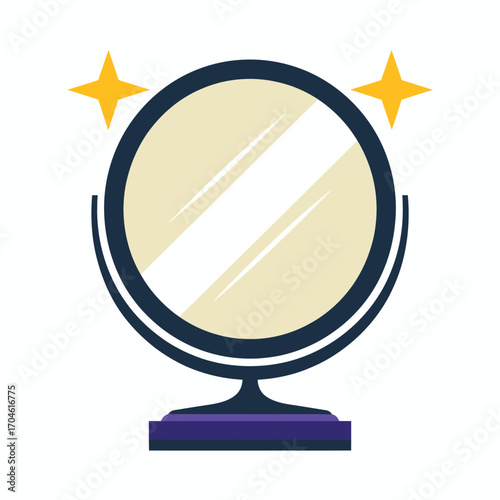 A graceful round mirror supported by a modern stand, adorned with sparkles, representing self-reflection and beauty standards in contemporary decor.
