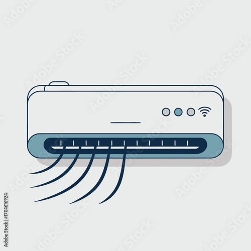 A sleek modern air conditioner depicted with flowing lines, illustrating cooling air's movement, emphasizing comfort and technology in contemporary home settings.