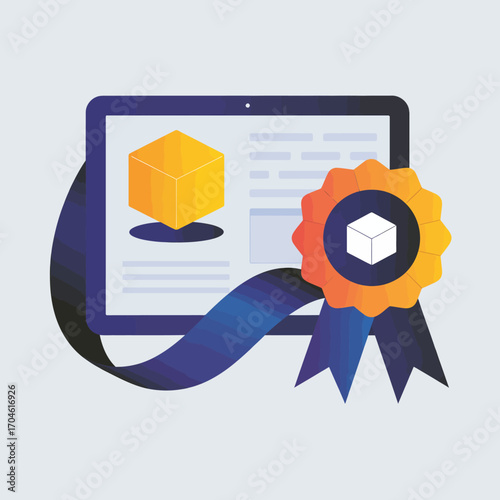 This image illustrates a laptop displaying a certified badge alongside a yellow cube, signifying quality assurance and trustworthiness in a digital environment or product.