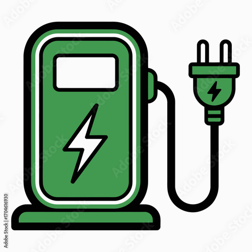 A modern green electric vehicle charging station with a visible power plug, showcasing the shift towards eco-friendly transport options and renewable energy solutions.