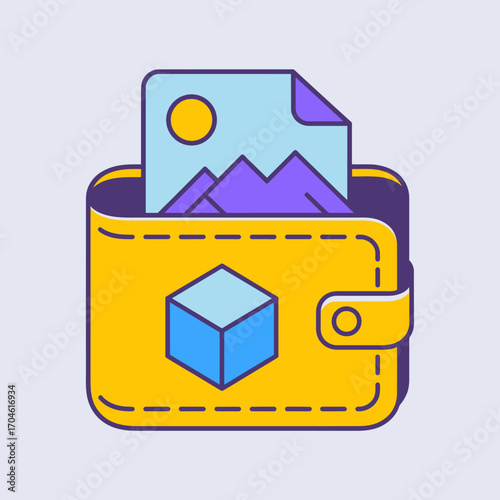 A stylized representation of a wallet displaying documents and photos, conveying themes of organization, personal finance, and creative design in a bright visual palette.