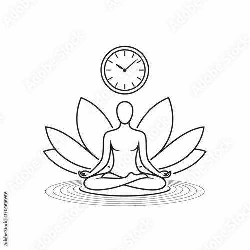 This illustration features a person in a meditative pose, with wavy lines emanating from a clock above lotus petals, highlighting the union of time and inner peace.
