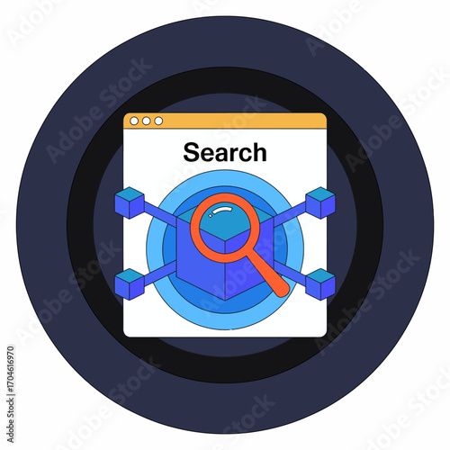 A modern search box with connection symbols surrounding it, showcasing the fusion of digital technology, data connectivity, and user-friendly interfaces in a tech-driven world.