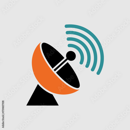 A sleek and modern satellite dish emits distinctive signal waves, showcasing advanced technology and communication methods in the digital age with vibrant orange and teal colors.