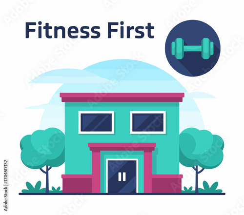 Illustration of a lively fitness center named 'Fitness First,' showcasing a playful color scheme and outdoor elements like trees, symbolizing health and community fitness.