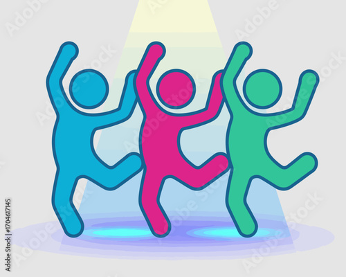 Three brightly colored figures dance energetically with raised arms, representing joy, connection, and expressive movement in a playful, abstract style that invokes a sense of fun.