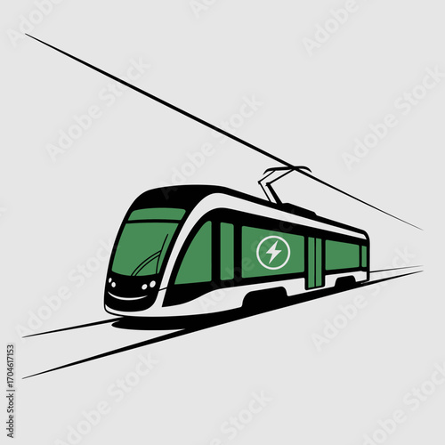 A green electric tram depicted in motion on an urban track, showcasing the perfect blend of design, functionality, and modern transport systems at play.