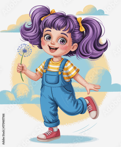 A happy girl with pigtails and a striped shirt joyfully runs while holding a dandelion, exuding whimsical charm amidst a bright and cheerful background filled with clouds.