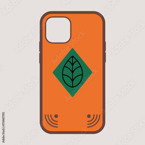 This striking orange phone case features a prominent leaf emblem, symbolizing nature and sustainability, and is designed for stylish phone owners who care about the environment.