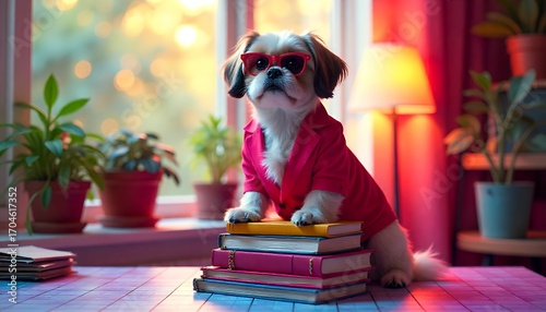 Stylish Shih Tzu Dog in Red Jacket Posing with Books