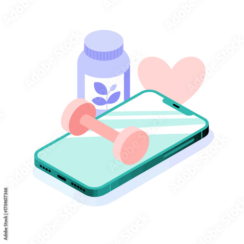 An illustration featuring a vibrant health-centric setup with a smartphone, dumbbell, and supplement bottle, reinforcing the connection between physical activity and wellness.