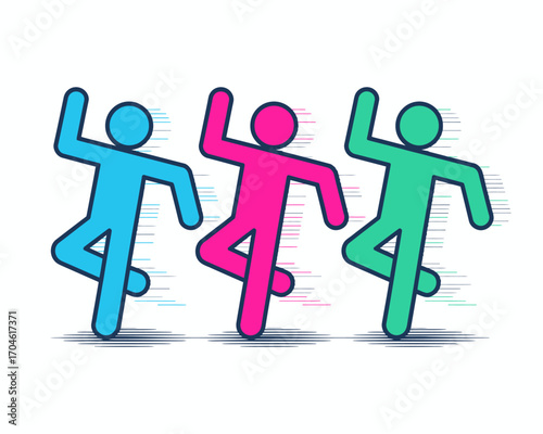 Three colorful figures express dynamic movement and happiness through dance, showcasing vibrant colors and abstract representation of joyful emotions in a minimalist style.