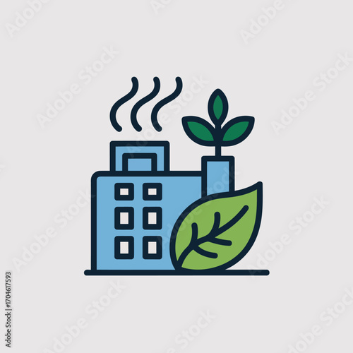 This visually striking image depicts a factory with a bold leafy design, showcasing a smokestack and significant emphasis on ecological sustainability and modern industry.