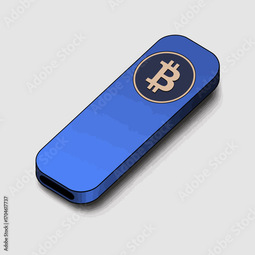 This image shows a modern blue USB stick featuring a Bitcoin emblem, representing a secure tool for managing digital currency assets and enhancing financial privacy.