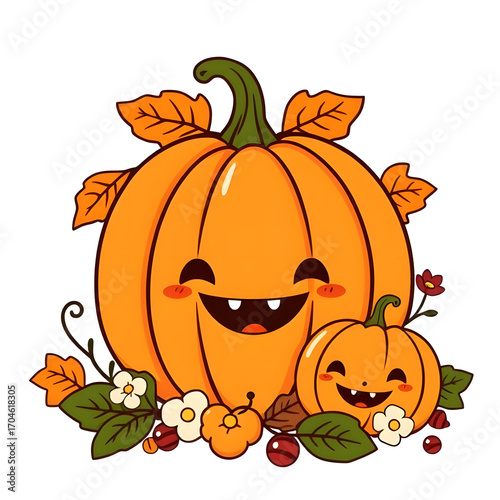 Wallpaper Mural An autumn cartoon vector illustration features an orange Halloween pumpkin decorated with leaves, perfect for the harvest season Torontodigital.ca