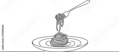 Minimalist line art drawing of spaghetti twirled on a fork above a plate