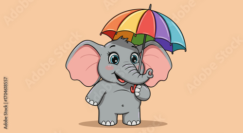 Cute baby elephant cartoon character holding a colorful rainbow umbrella with a happy expression on a light orange background