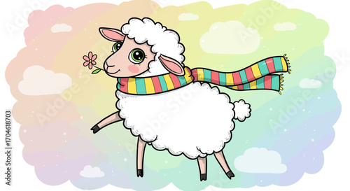 Cute Cartoon Sheep Wearing a Colorful Scarf Nibbling on a Pink Flower with Fluffy Clouds and Rainbow Background