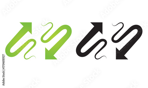 Green and black curved graph arrow icon. Illustration of curved arrows pointing upward and downward in green and black colors, symbolizing exchange, balance, movement, and direction. vector .