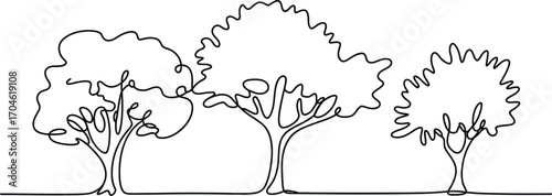 Minimalist single line drawing of three deciduous trees in a row