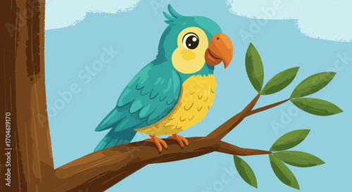 Charming cartoon parrot perched on a tree branch against a bright blue sky