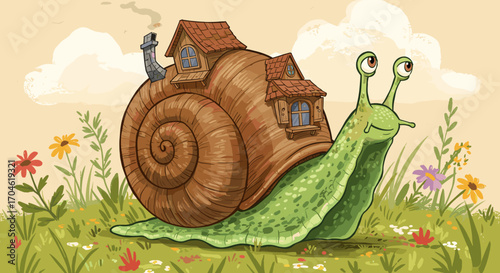 Whimsical Snail with House Shell Wanders Through Blooming Meadow Cartoon Illustration