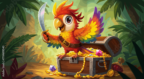 Colorful cartoon parrot pirate with sword and treasure chest full of gold coins and jewels jungle background