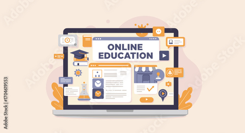 Online Education concept laptop computer showing learning website and graduation cap illustration
