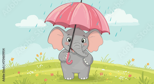 Cute cartoon elephant holding a pink umbrella sheltering from the rain in a green meadow with flowers