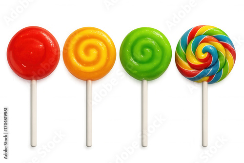 Four vibrant lollipops on sticks are displayed against a transparent background, showcasing a sweet treat