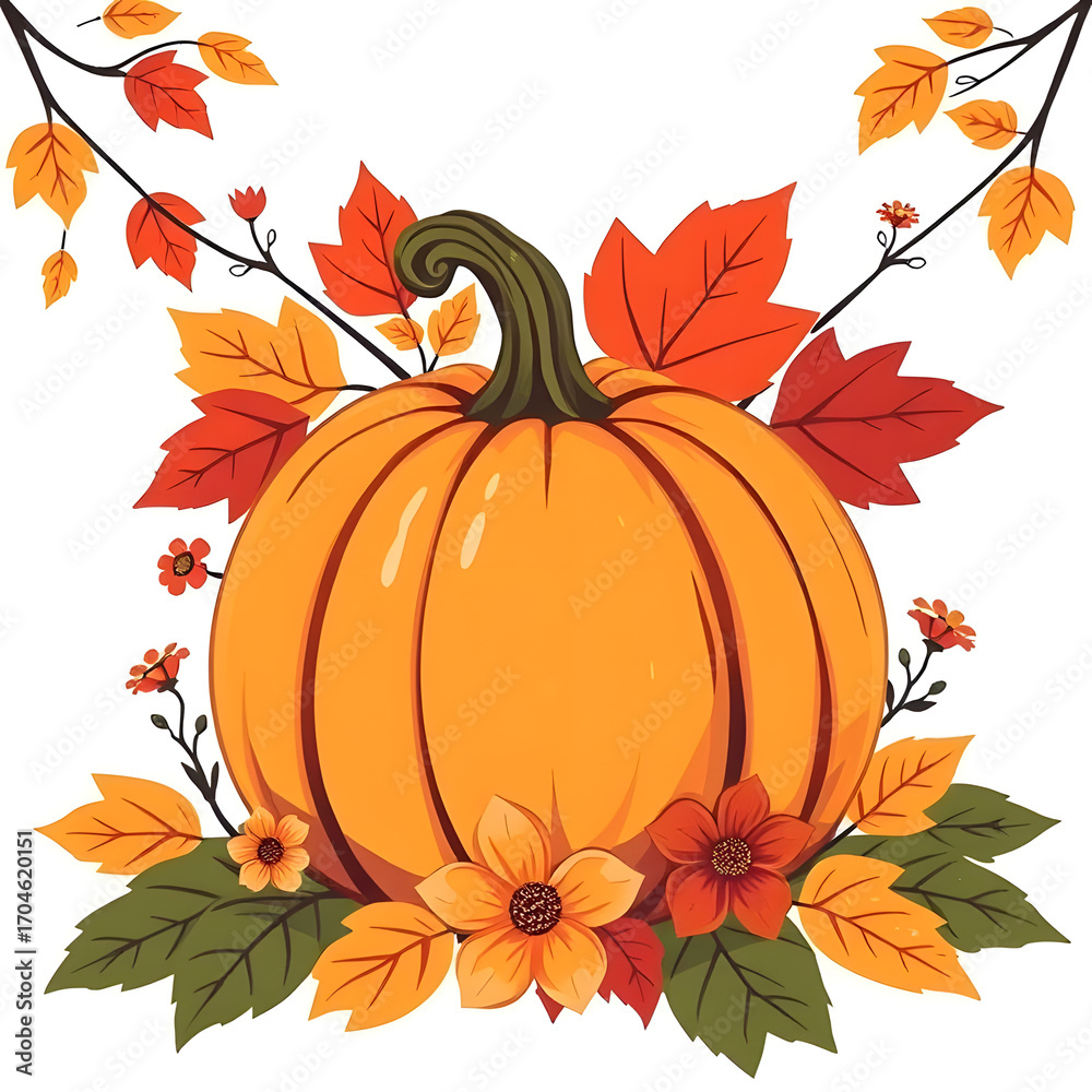 Naklejka premium Vector illustration of an orange pumpkin with autumn leaves for Halloween and Thanksgiving harvest season