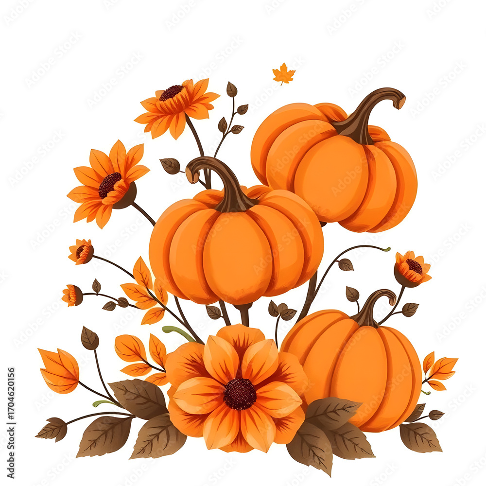 Naklejka premium Vector illustration of an orange pumpkin with autumn leaves for Halloween and Thanksgiving harvest season