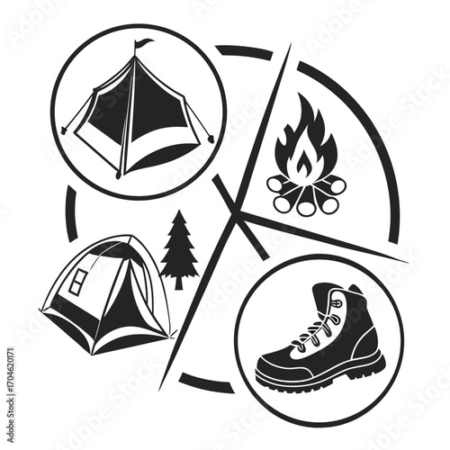Camping and hiking icons arranged in a circular diagram with a tent, campfire, and boot vector