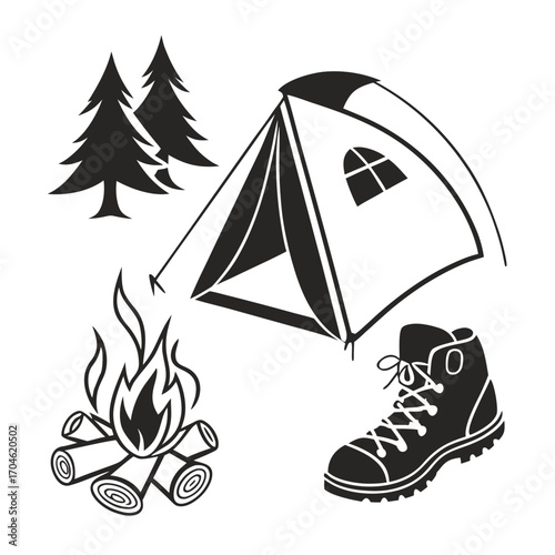 Camping gear including a tent campfire hiking boot and pine trees in silhouette Keywords: camping tent hiking boot campfire logs pine trees outdoor adventure nature travel silhouette icon set