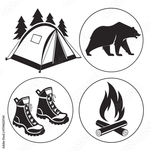 Camping Icons Including Tent Bear Hiking Boots and Campfire vector illustration