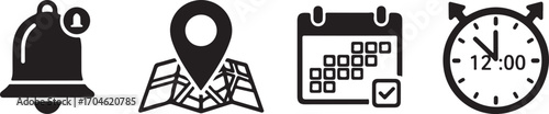 Essential Digital Icons Set for Notifications, Location, Calendar, and Time