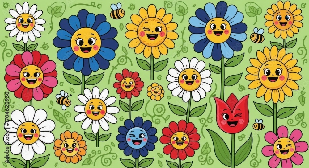 Fototapeta premium A vibrant pattern of cheerful flowers and bees, featuring diverse colors and whimsical expressions.