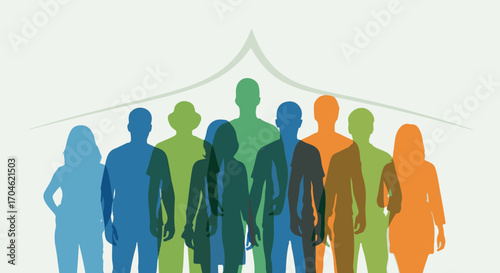 Diverse Group Silhouette in Blue, Green, and Orange